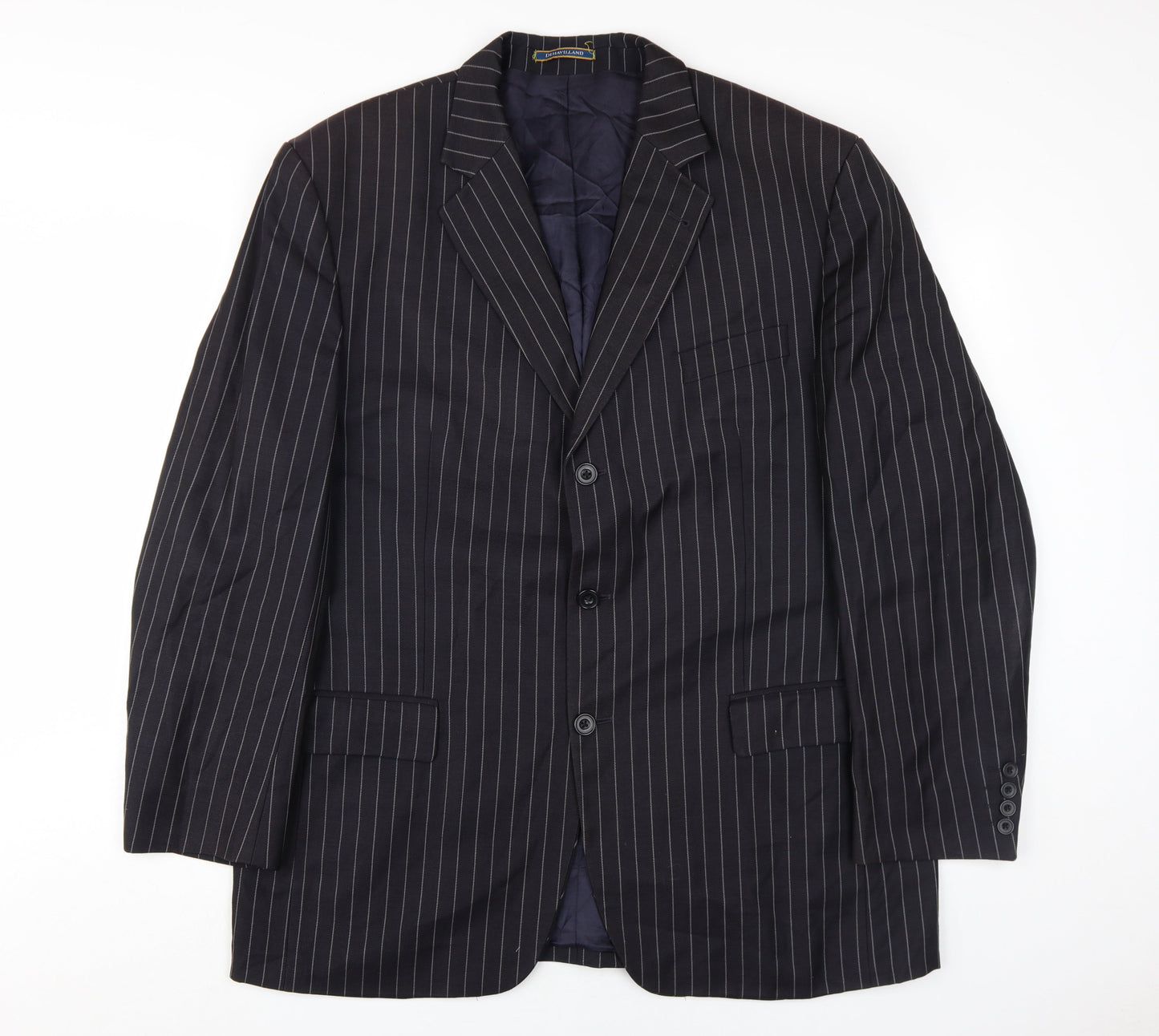 Dehavilland Men's Black Wool Blazer, Size 44R, Striped