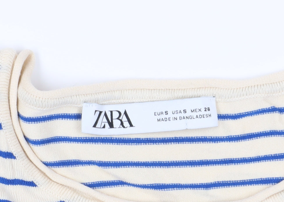 Zara Women's Beige Blue Striped Long Sleeve T-Shirt S