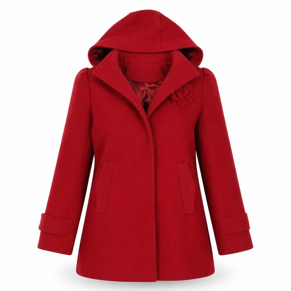 Front view of Monsoon girls’ red hooded wool-blend coat, size 10