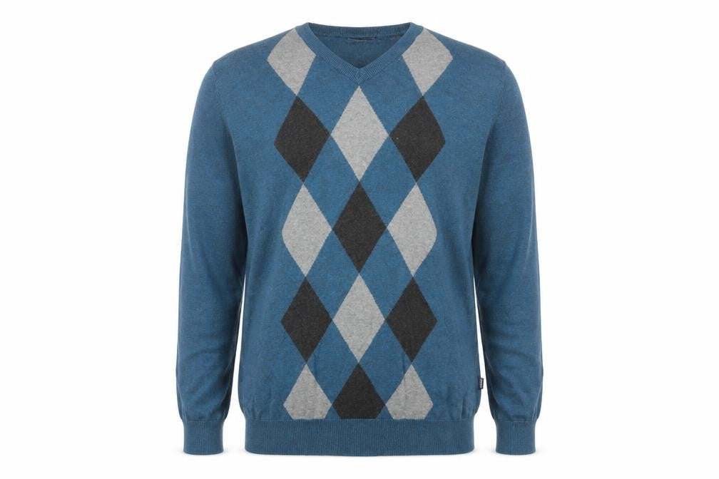Front view of Maine New England Men's Blue Argyle jumper M