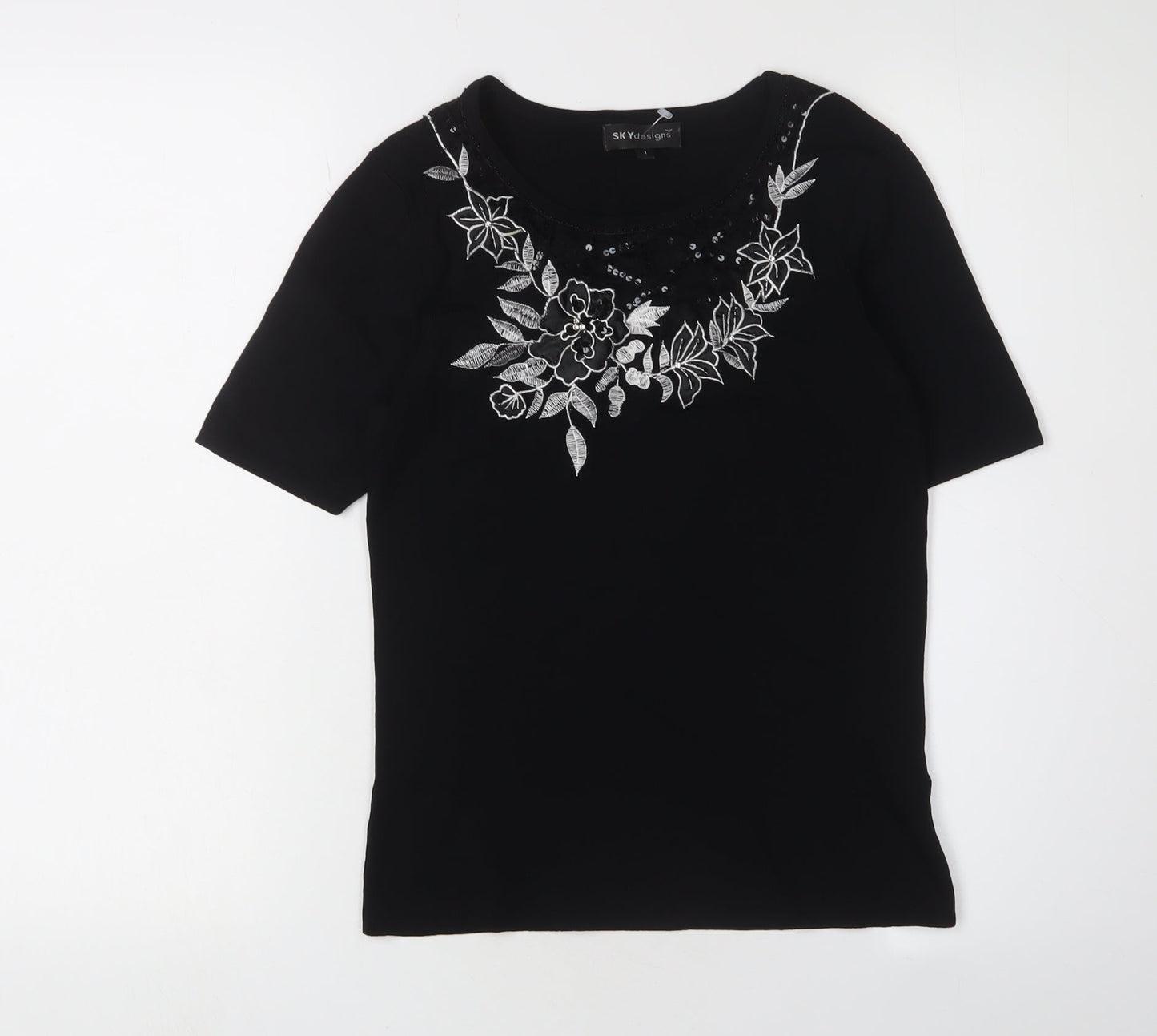 SKY Women's Black Embroidered XS Basic T-Shirt