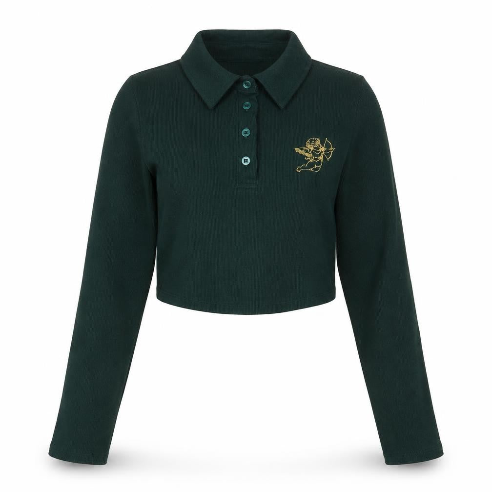 Front view of Motel Rocks Green Collared Cropped Polo - M