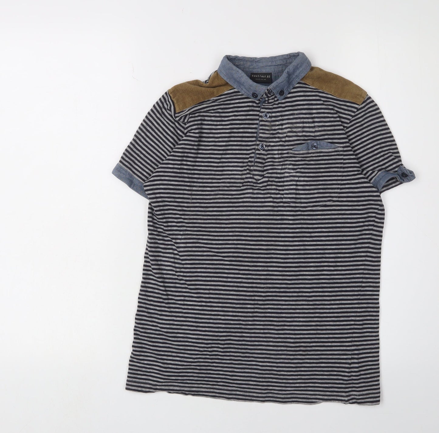 Next Boys Striped Polo Shirt Blue Button-Down Collar 12Y