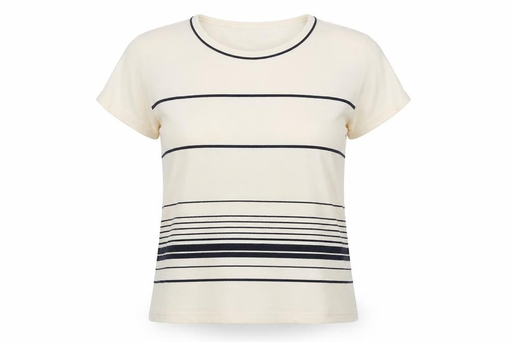 Front view of Maine New England Women Beige Striped T-Shirt, size 8, Casual