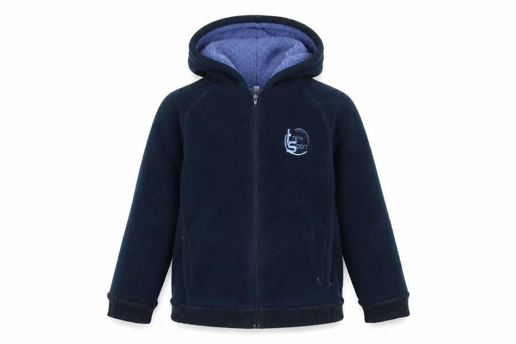 Front view of Domyos boys’ blue hooded jacket 12 years winter