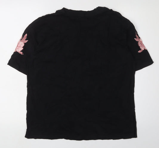 Asos Women's Black Floral Embroidered T-Shirt UK 10