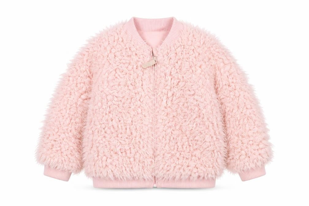 Front view of Mini Club girls’ pink bomber jacket, size 2-3, years