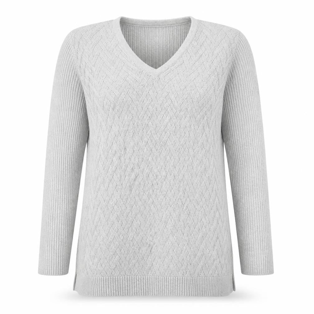 Lands End Grey Cotton V-Neck Women's Jumper, M