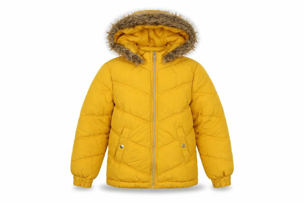 Front view of Lipsy Yellow girls’' puffer jacket 9 years hooded coat