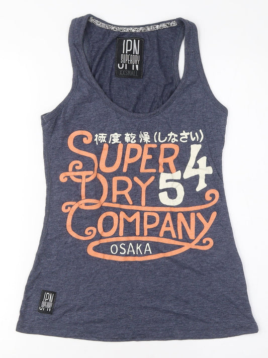 Superdry Women's Blue Cotton Tank, Size 2XS, Casual Slim Fit