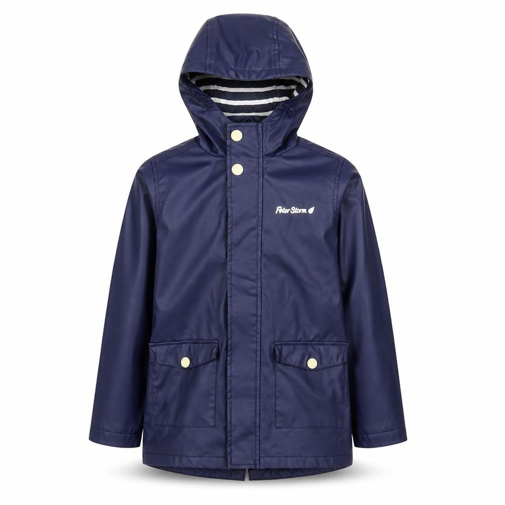 Front view of Peter Storm girls’ blue waterproof hooded rain coat 9-10 years