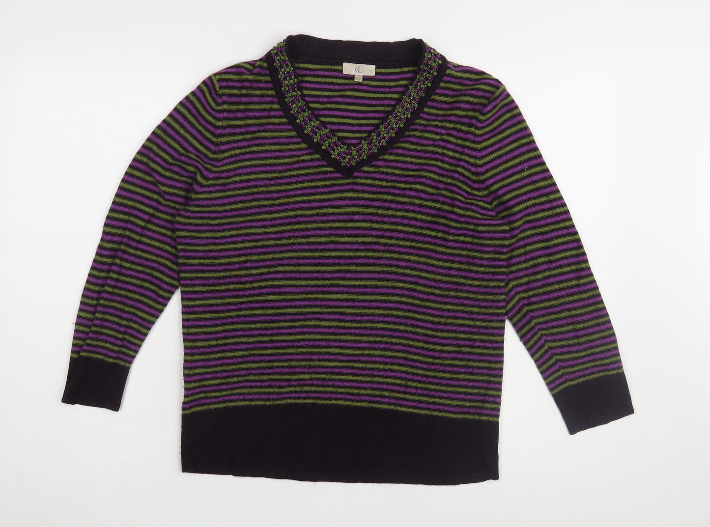 CC Women's Multicoloured Striped V-Neck Jumper - M