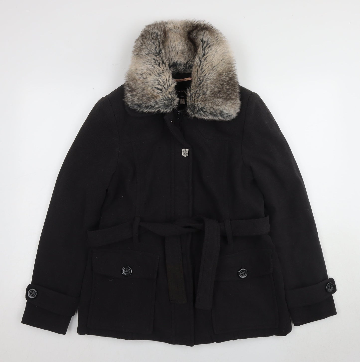 Brave Soul Women's Black Fur Trim Coat Size L