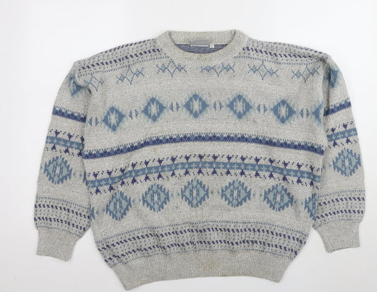 Sportables Men's Grey Blue Geometric Knit Pullover Jumper S