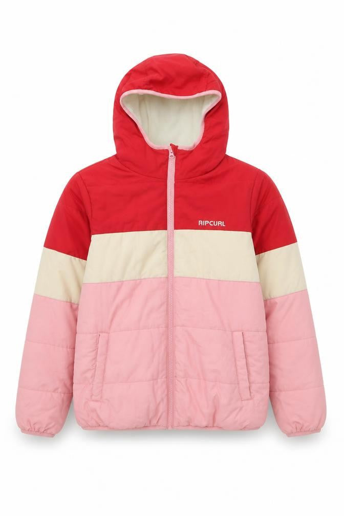 Front view of Rip Curl girls’ puffer jacket red, pink & beige 12y winter