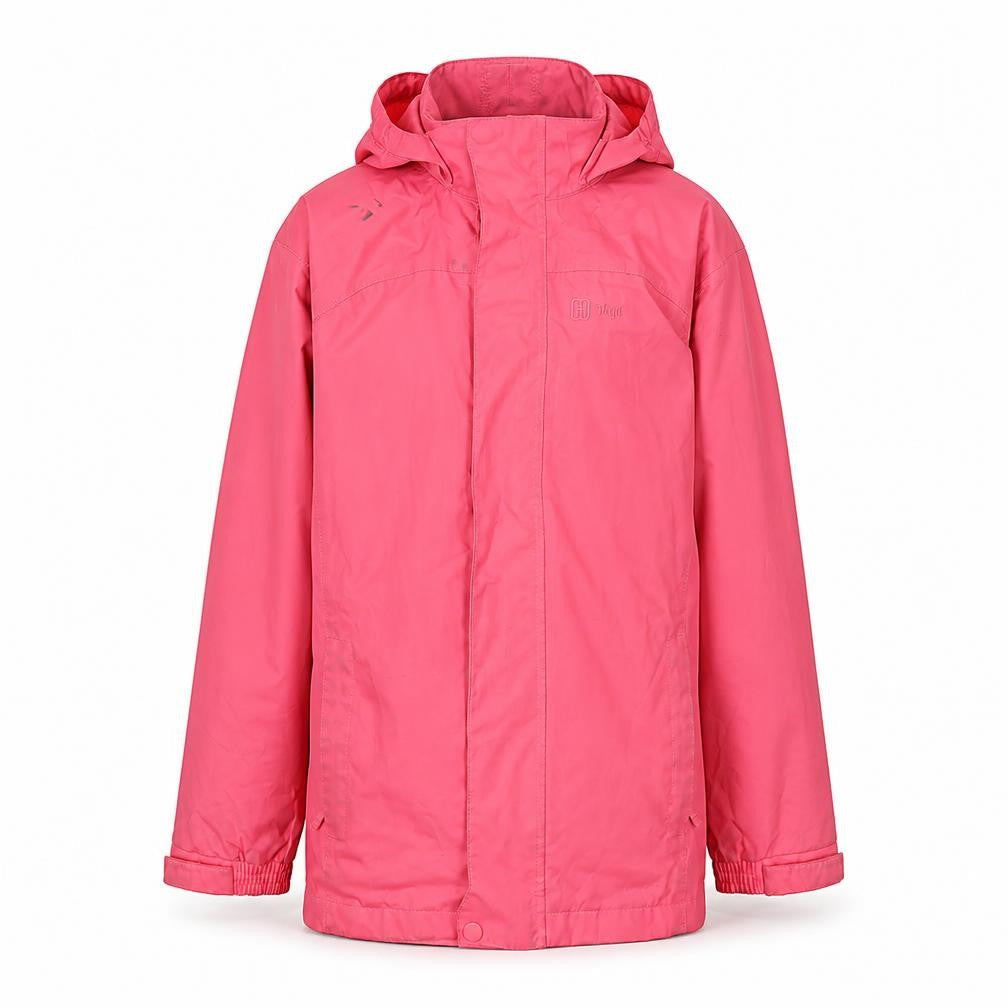 Front view of Higear girls’ pink rain coat 9-10 years hooded zip jacket
