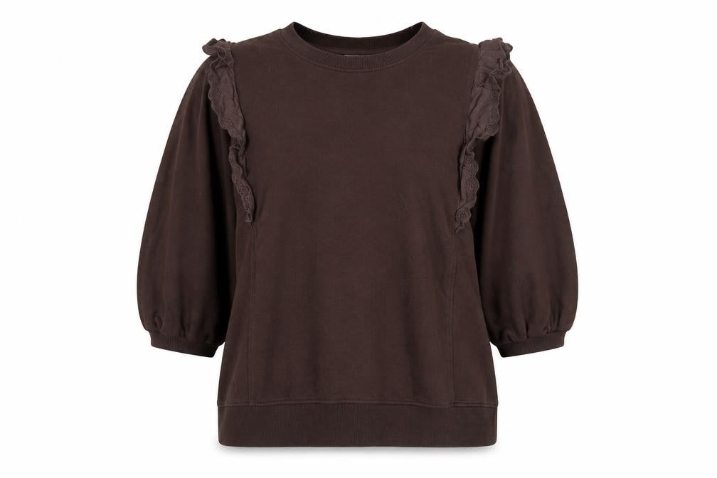 Front view of ICHI Women's Brown Ruffle Pullover Sweatshirt, size L