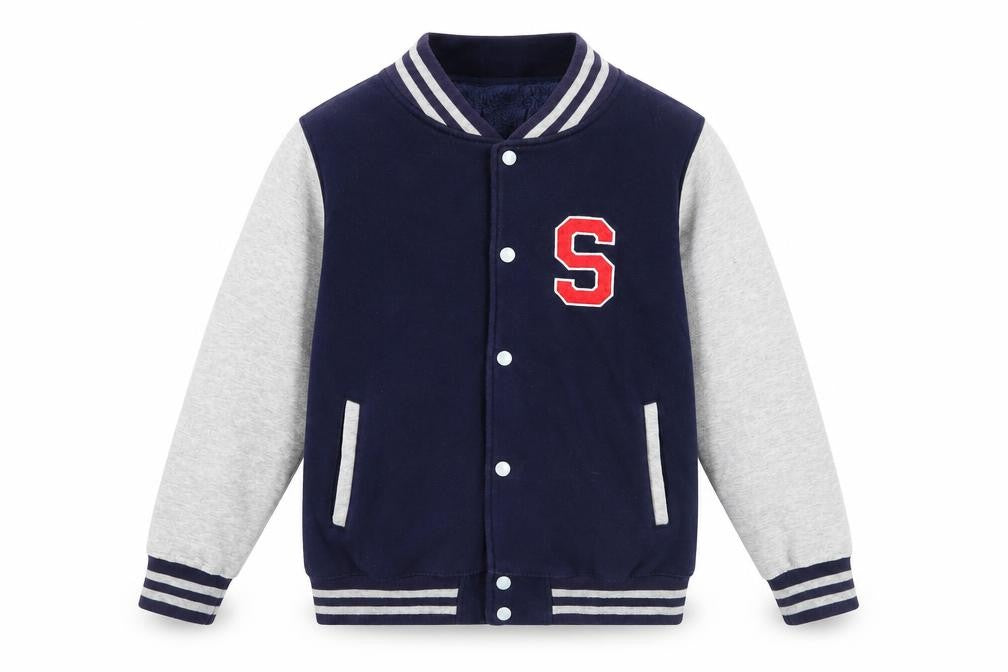 Front view of Malcolm & Gerald boys’ blue varsity jacket 12-13 years