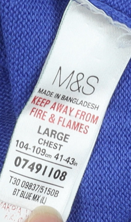 Marks & Spencer Men's Blue Cotton V-Neck Pullover Jumper L