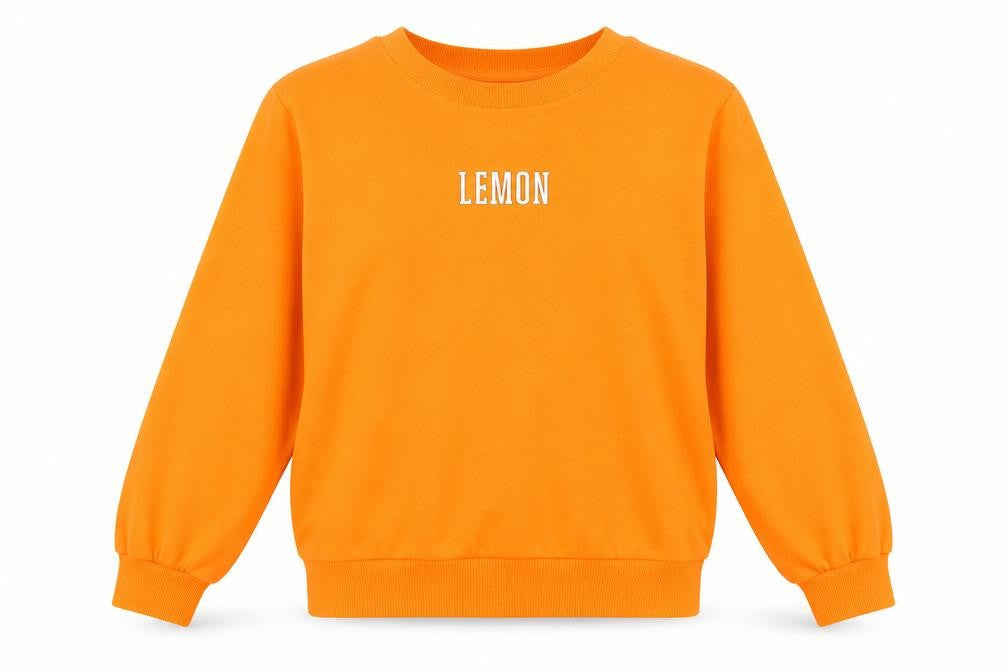Front view of Only Women's Orange Lemon Graphic L Pullover Sweatshirt