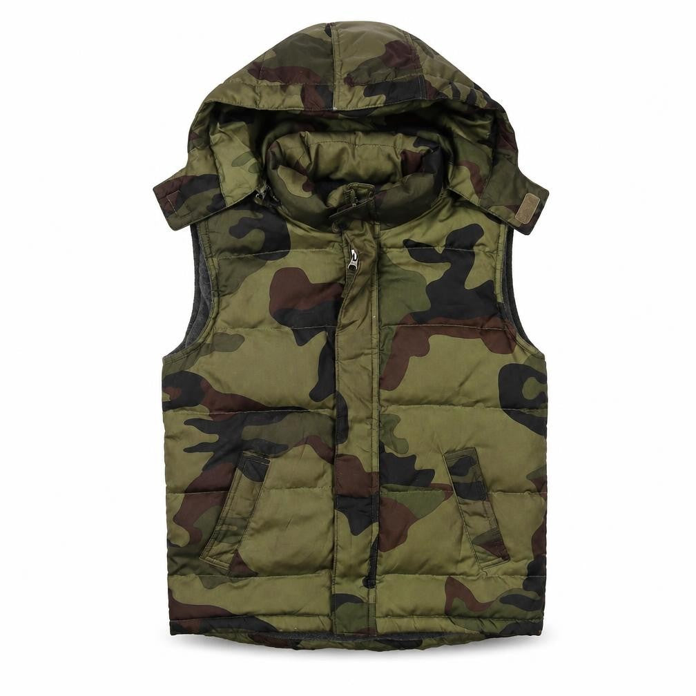 Front view of Gap boys’ green camouflage puffer jacket, 10 years