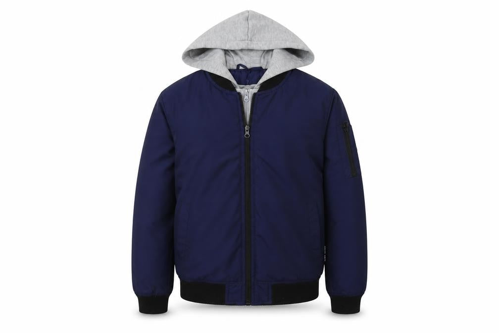Front view of Lee Cooper boys’ blue grey hooded bomber jacket, size 11-12