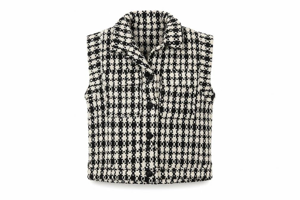 Front view of Object Women's Check Waistcoat, size 8, Black/White