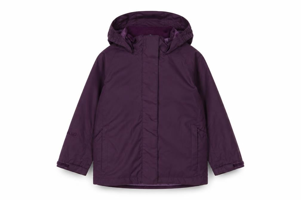 Front view of Peter Storm girls’ purple rain coat 3-4 years hooded