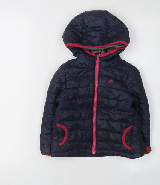 Decathlon Girls Blue Puffer Jacket 2-3 Years Hooded Lightweight