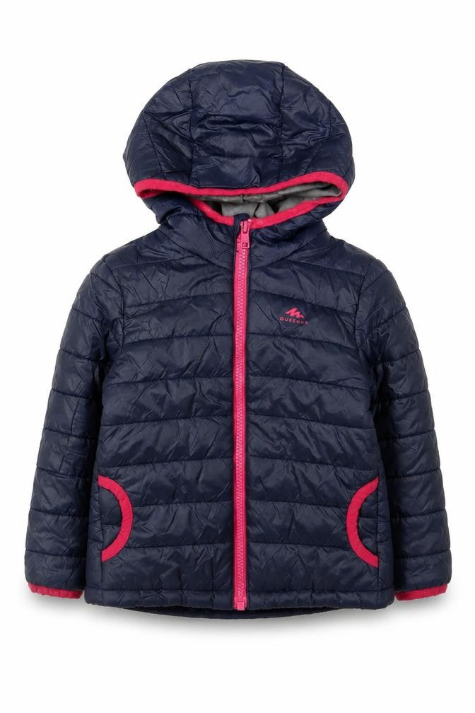 Front view of Decathlon girls’ blue puffer jacket 2-3 years hooded lightweight