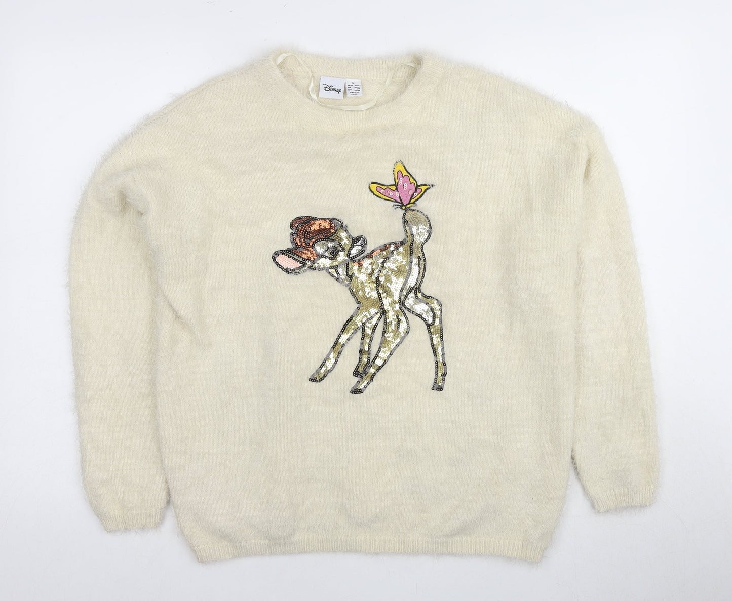 Disney Women's Ivory Bambi Sequin Pullover, Size 10