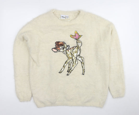 Disney Women's Ivory Bambi Sequin Pullover, Size 10