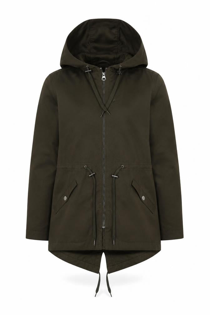H&M Women's Green Parka Jacket with Hood and Zip, Size 8