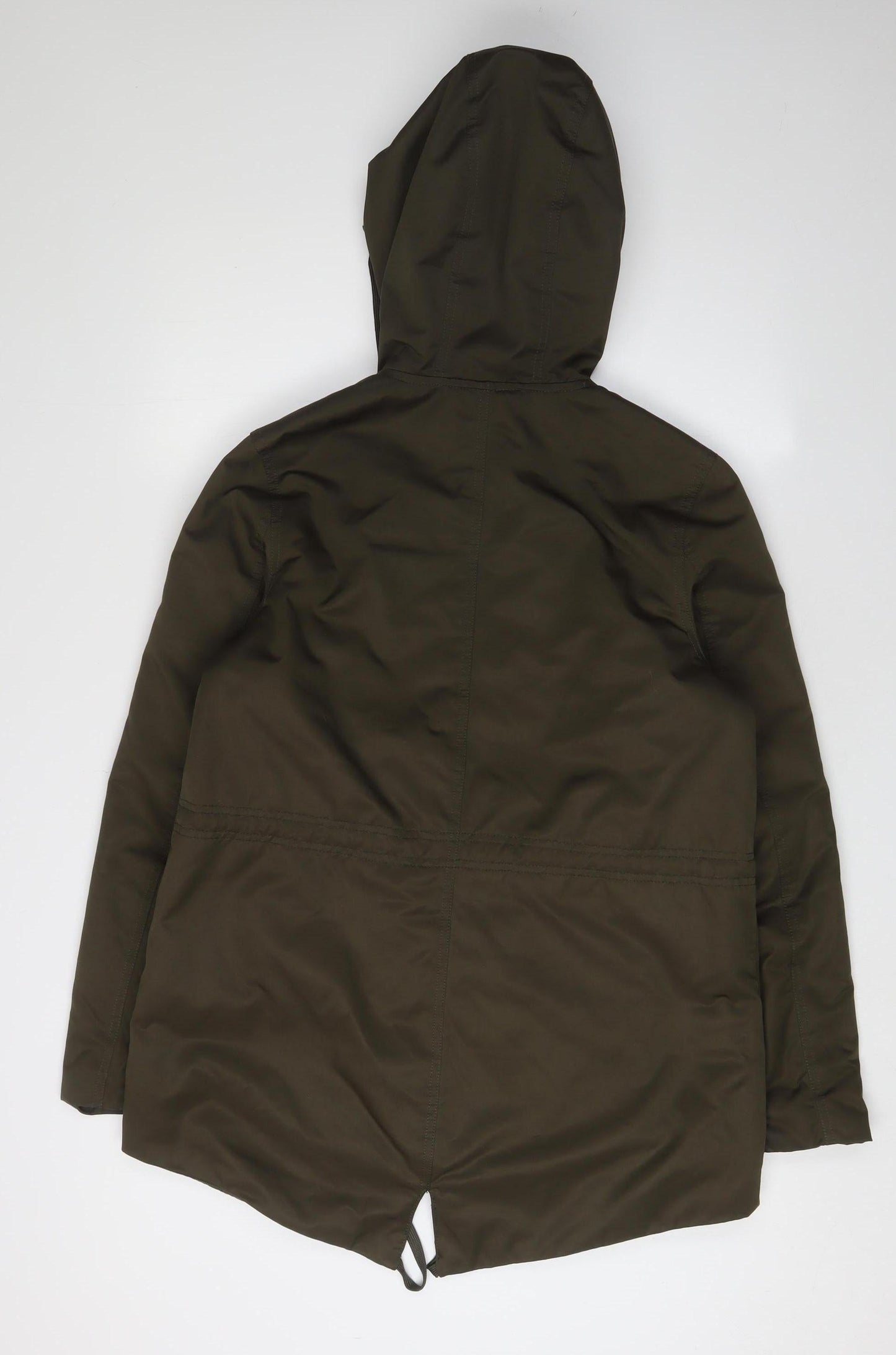 H&M Women's Green Parka Jacket with Hood and Zip, Size 8