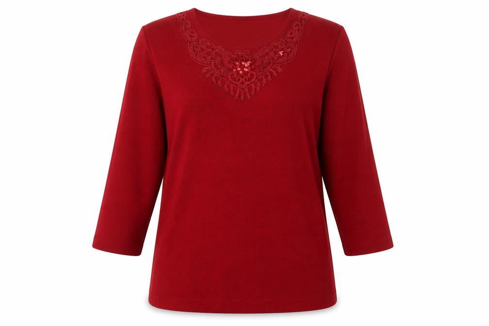 Isle Women's Red Embroidered Long Sleeve T-Shirt, M