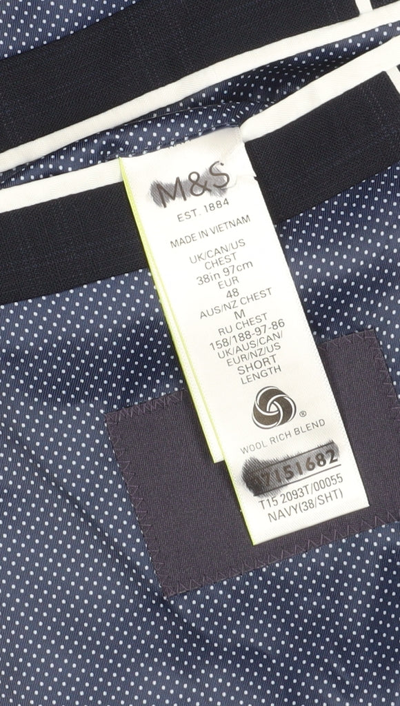 Marks and Spencer Men's Blue Check Blazer, Size 38S