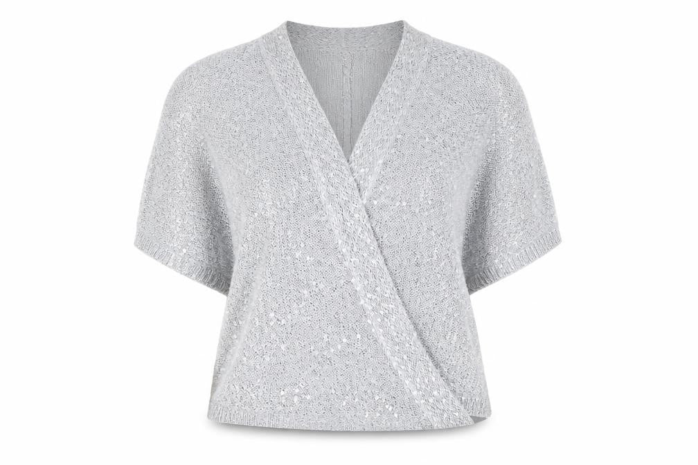 Front view of Roman Women's Silver Sequin Wrap Jumper, size 14