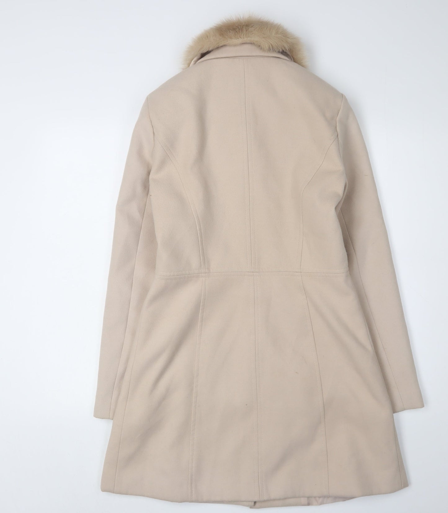 Oasis Women's Beige Overcoat with Fur Trim S