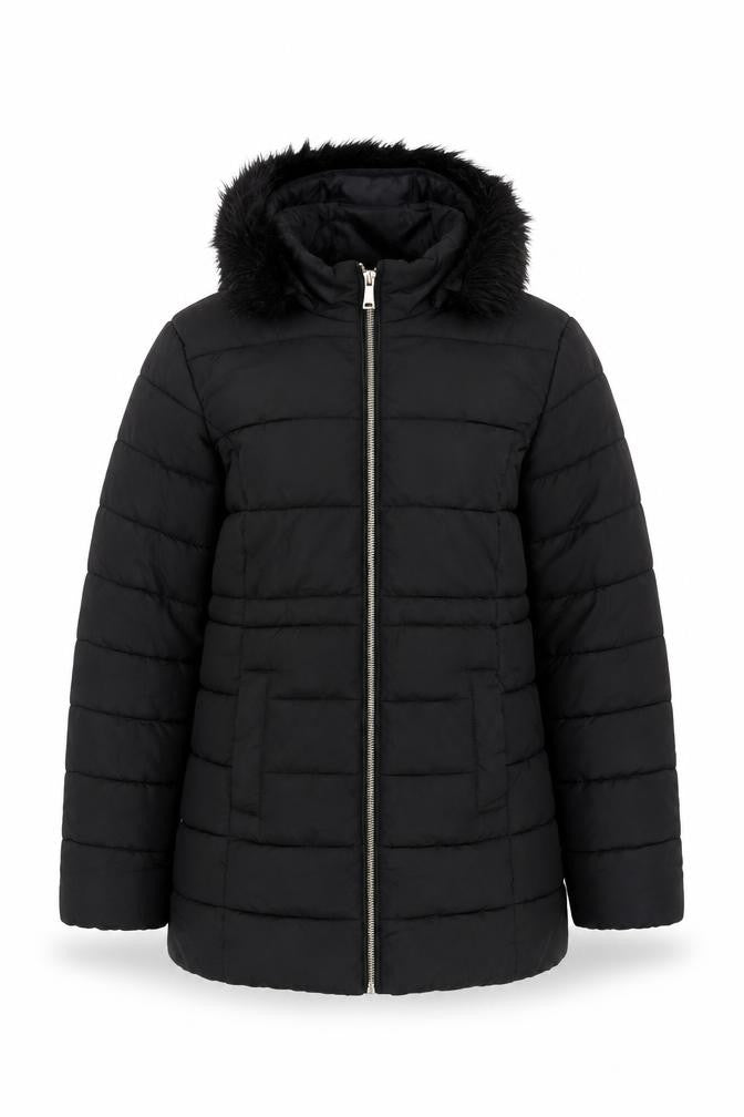 Front view of M&Co girls’ black puffer jacket with faux fur hood -, size 12