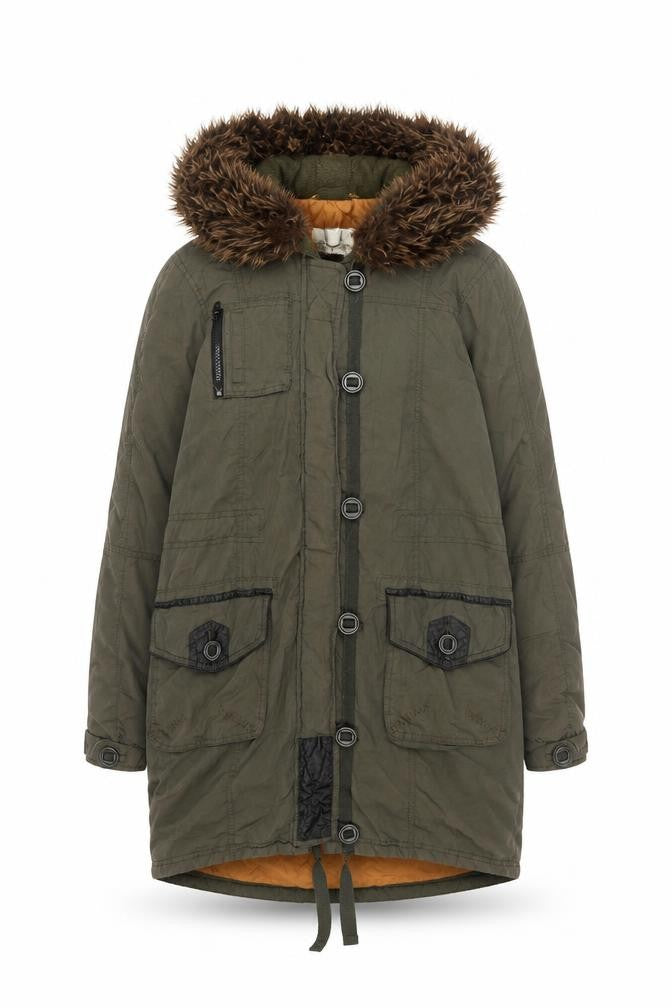 River Island Women's Green Parka Coat with Fur Trim, Size 8