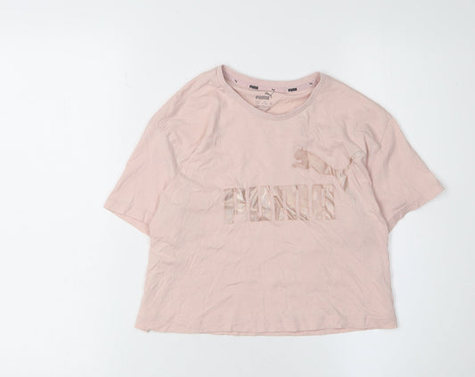 Puma Girls Pink T-Shirt 11-12 Years Short Sleeve Crew Neck Logo