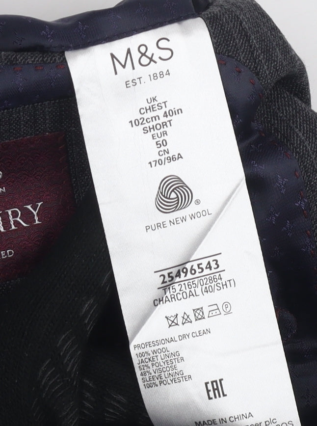 Marks and Spencer Men's Grey Suit Jacket, Size 40S