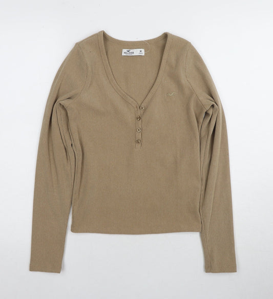 Hollister Women Beige V-Neck Button-Up Shirt M Slim Fit