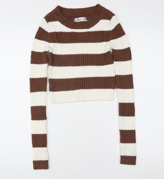 Hollister Women's Brown Striped Chunky-Knit Pullover, 2XS