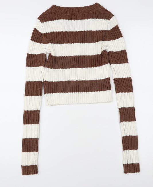Hollister Women's Brown Striped Chunky-Knit Pullover, 2XS