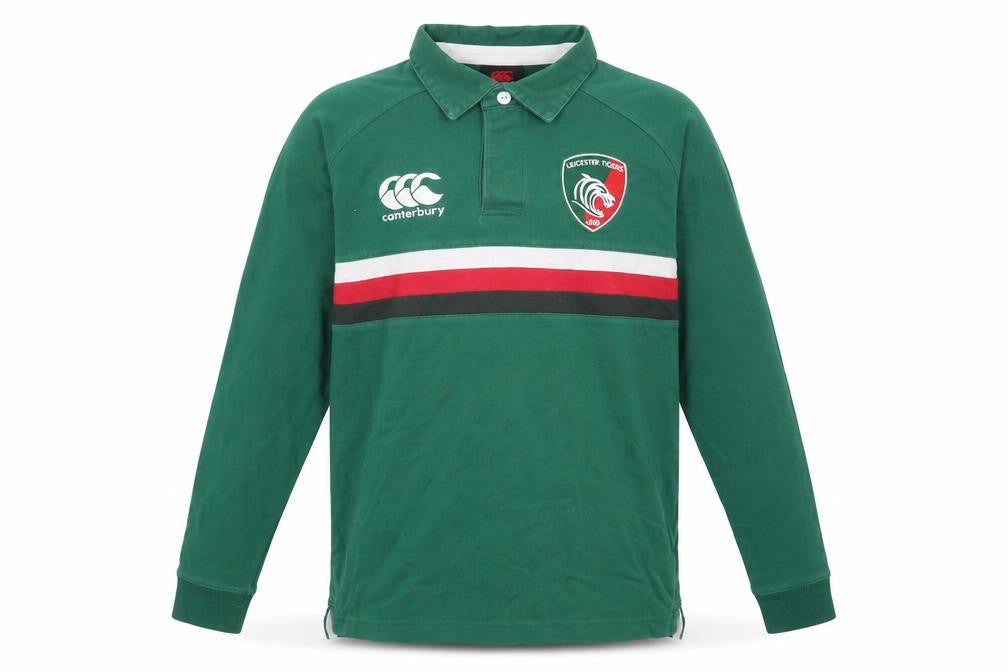 Front view of Canterbury boys’ green rugby polo shirt, 12 years, long sleeve