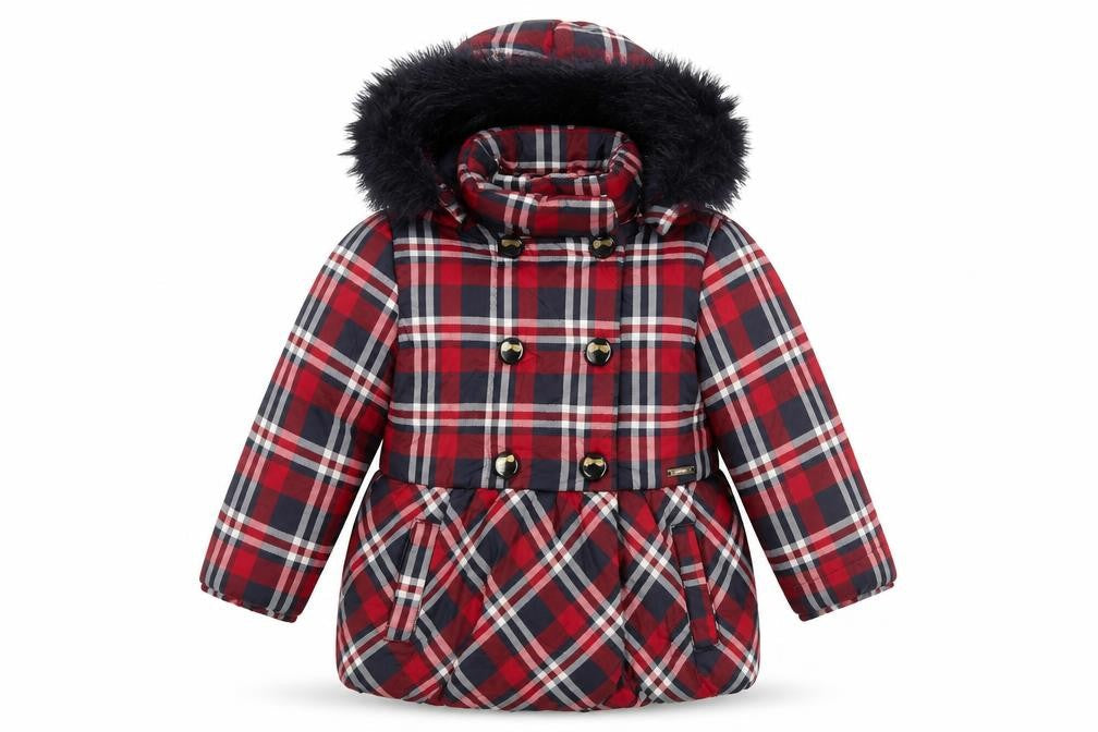 Front view of Mayoral girls’ red plaid coat with faux fur trim, size 6, years