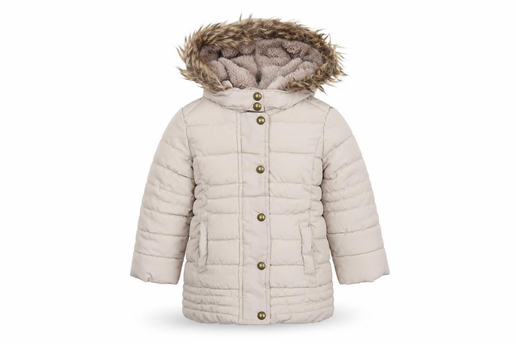Front view of Brit Island girls’ beige puffer jacket, size 2-3, with fur trim