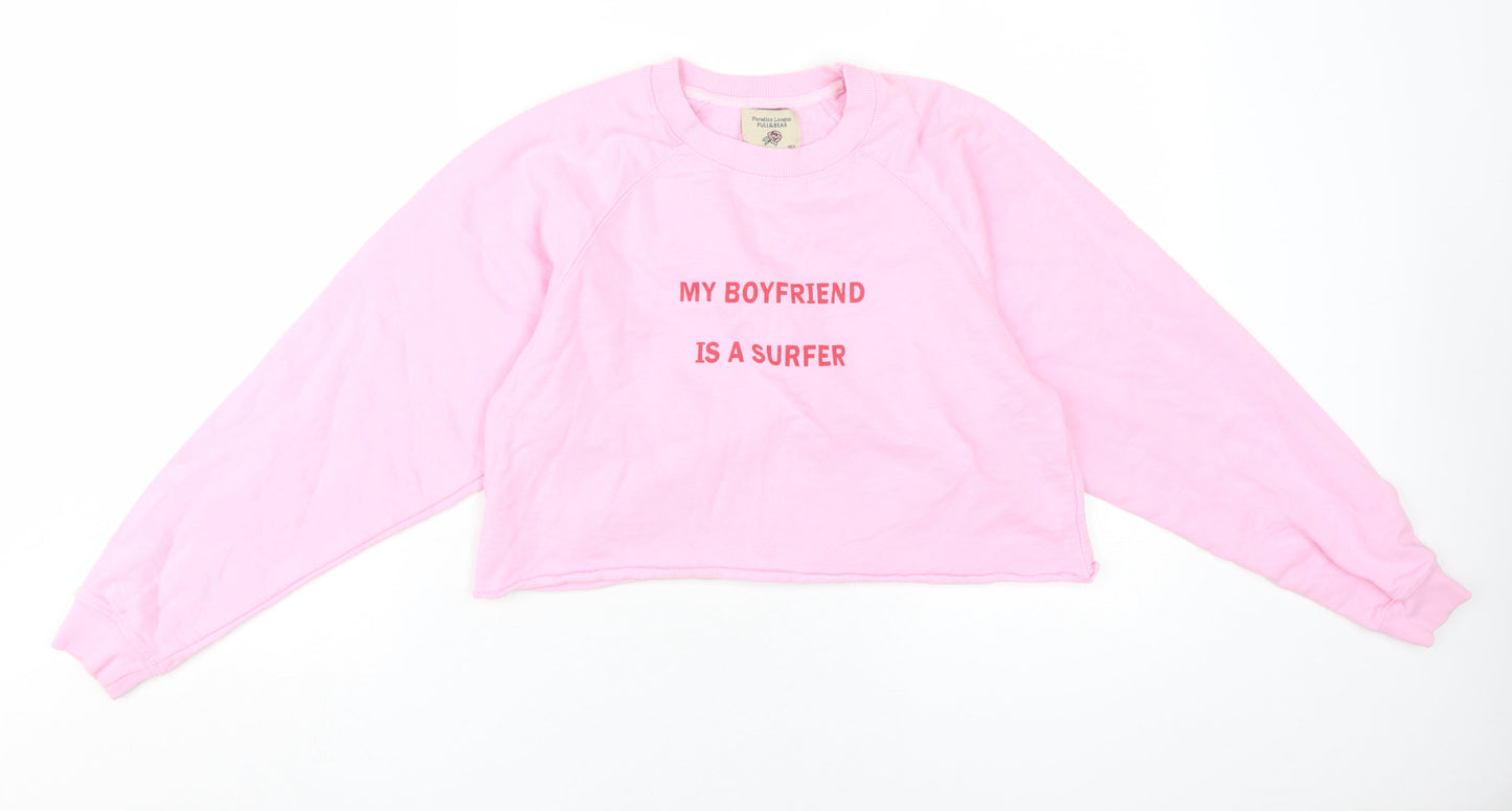 Pull & Bear Women's Pink Crew Neck Graphic Sweatshirt S