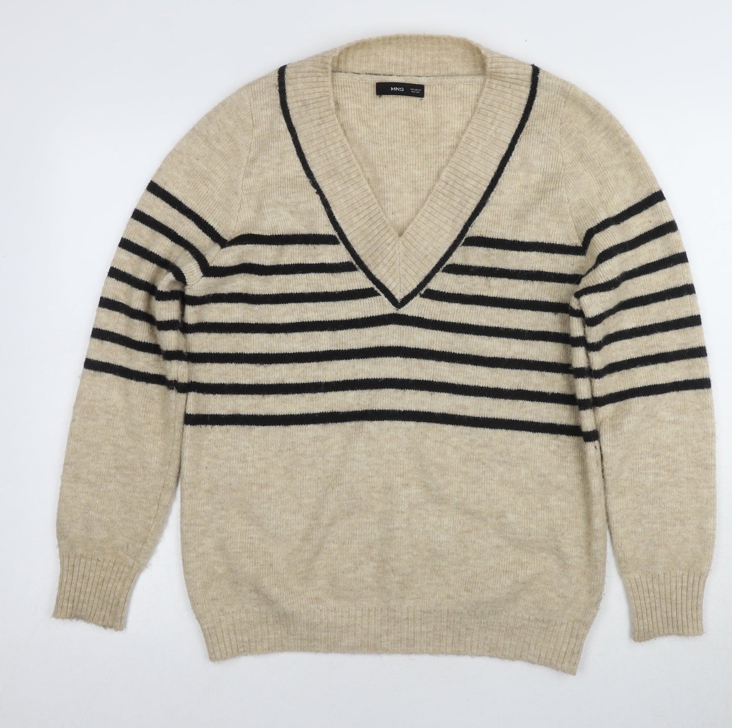 MNG Women's Beige V-Neck Striped Pullover Jumper XS